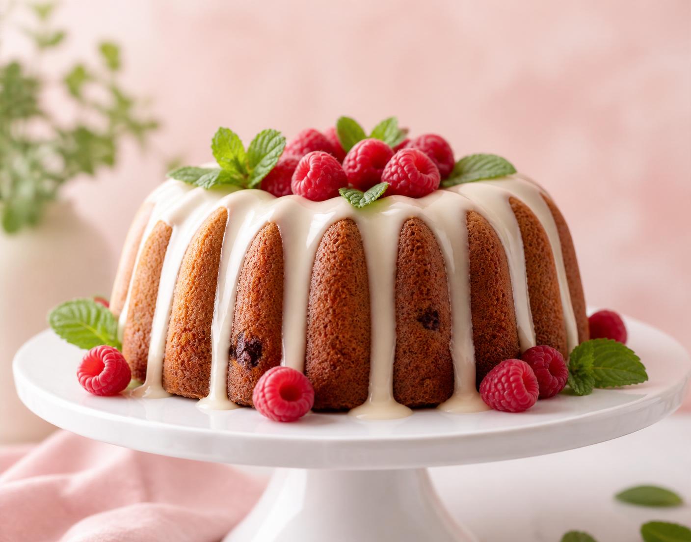 Premium bundt cake with vanilla glaze and raspberries