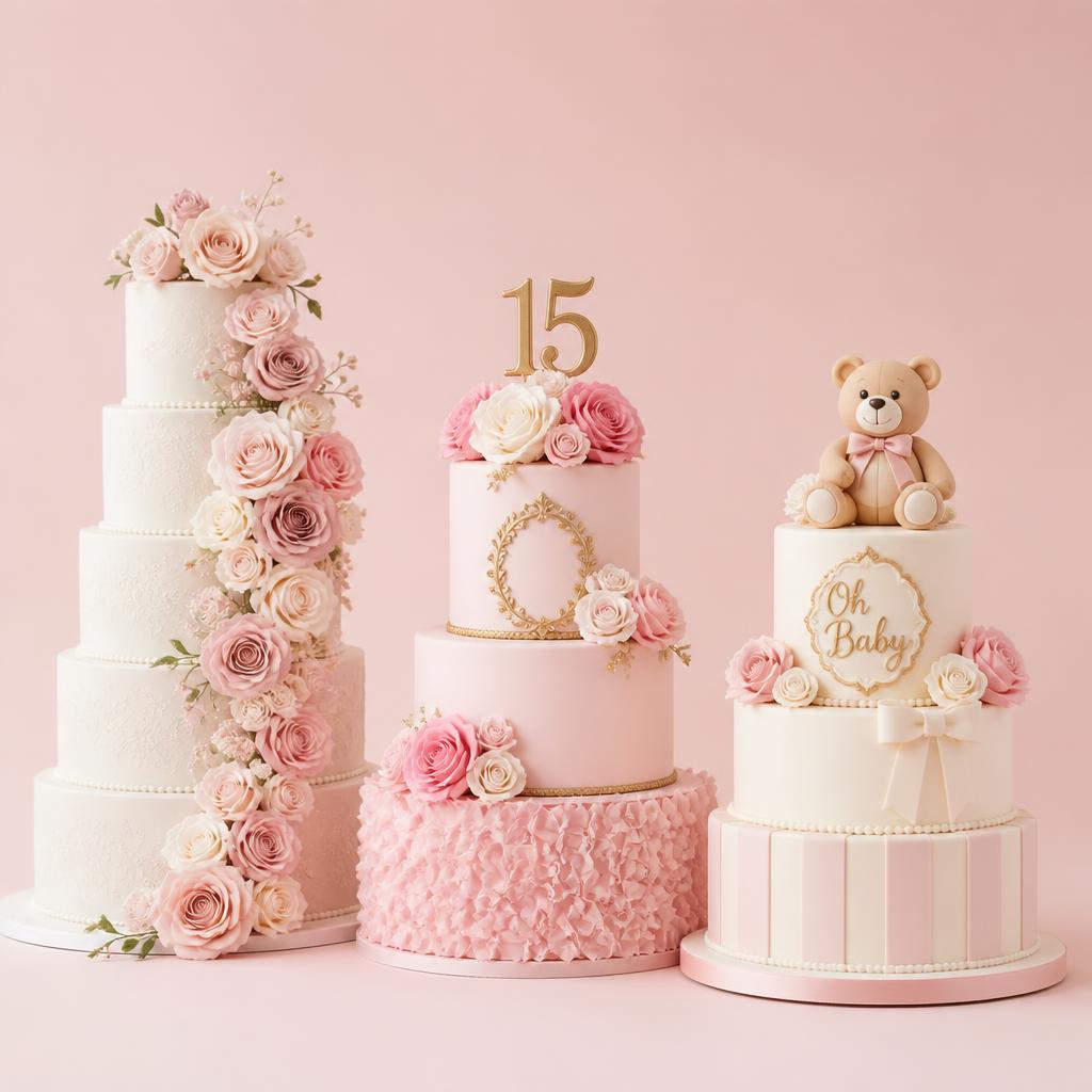 Luxury tiered cakes including quinceañera, oh baby, and wedding designs